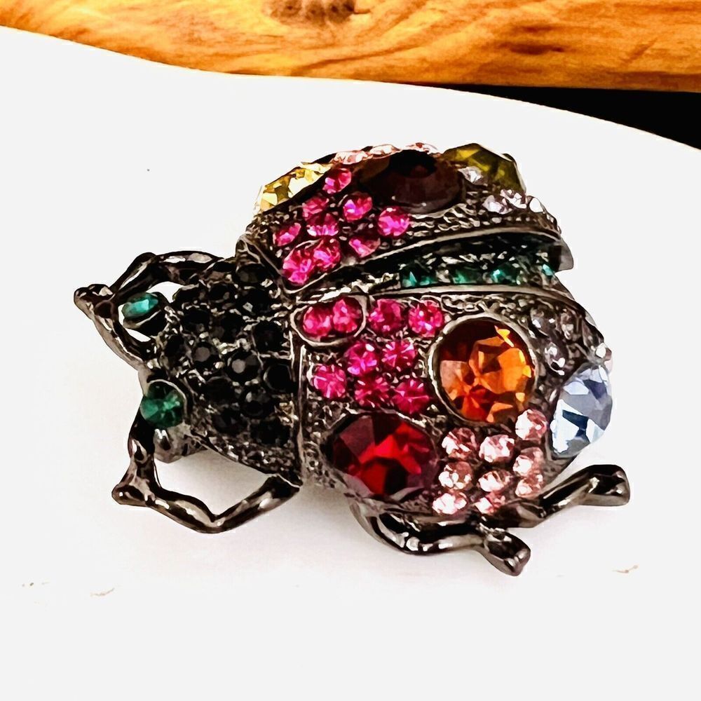 Vintage Beatle Bug Brooch Crystal Rhinestone Colorful Multicolor Estate 4184